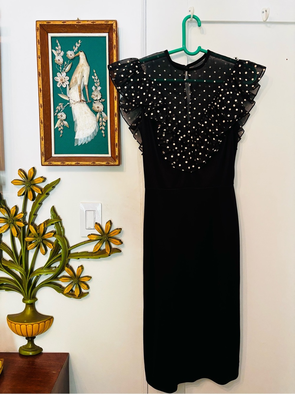 Vintage 1980s Black/White Polka Dot Ruffle Sheath Dress